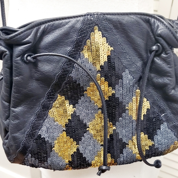 New Carlos Falchi Black Leather w/ Gold Silver Sequins Crossbody Evening Bag - Picture 5 of 8